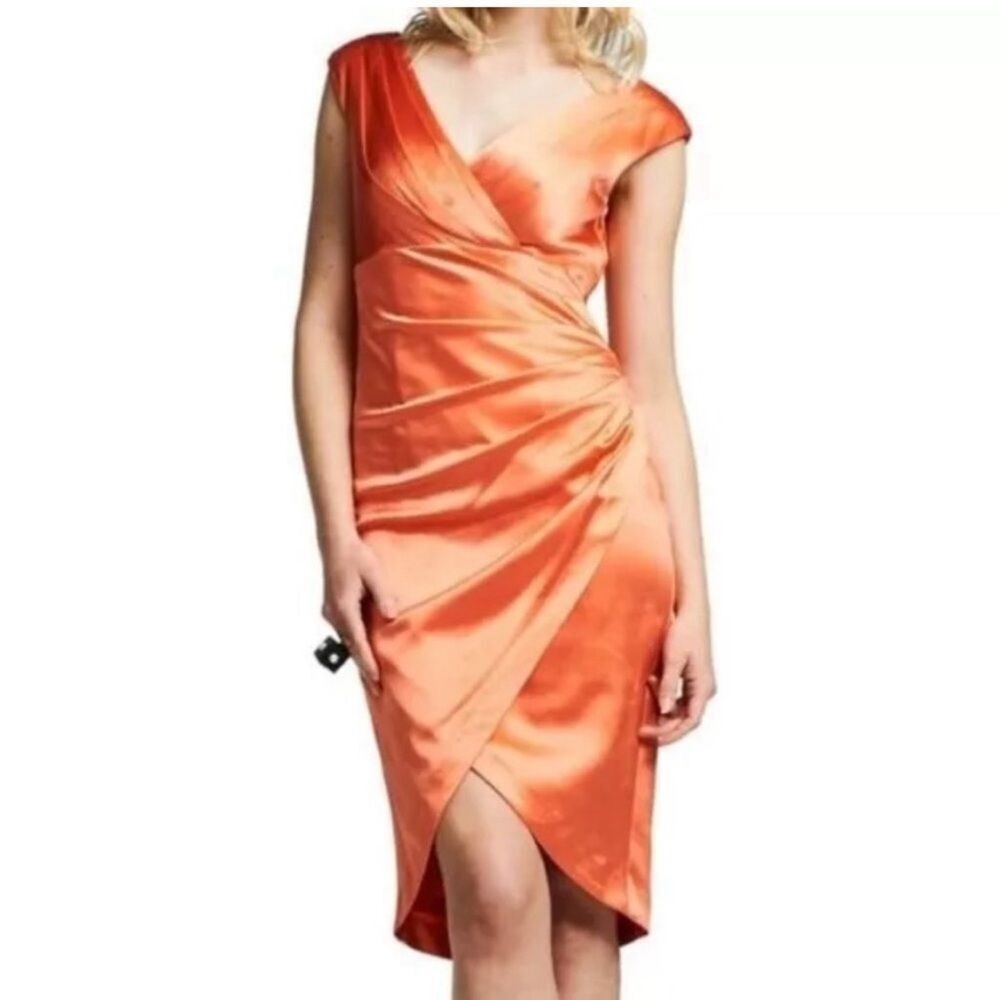 NWT KAY UNGER Satin Stretch Tulip Skirt Cocktail Dress in Cantaloupe, Size‎ 12